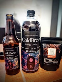 a bottle of coldbrew coffee and a bag of coffee